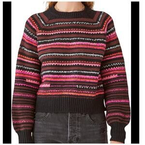 Lucky Brand CrewNeck Striped Wool Blend Sweater Black Pink Maroon Sz XL